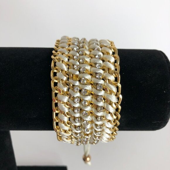 Wide Cuff Crochet Rhinestone Chunky Chain Adjustable Bracelet Gold Tone - Picture 1 of 6